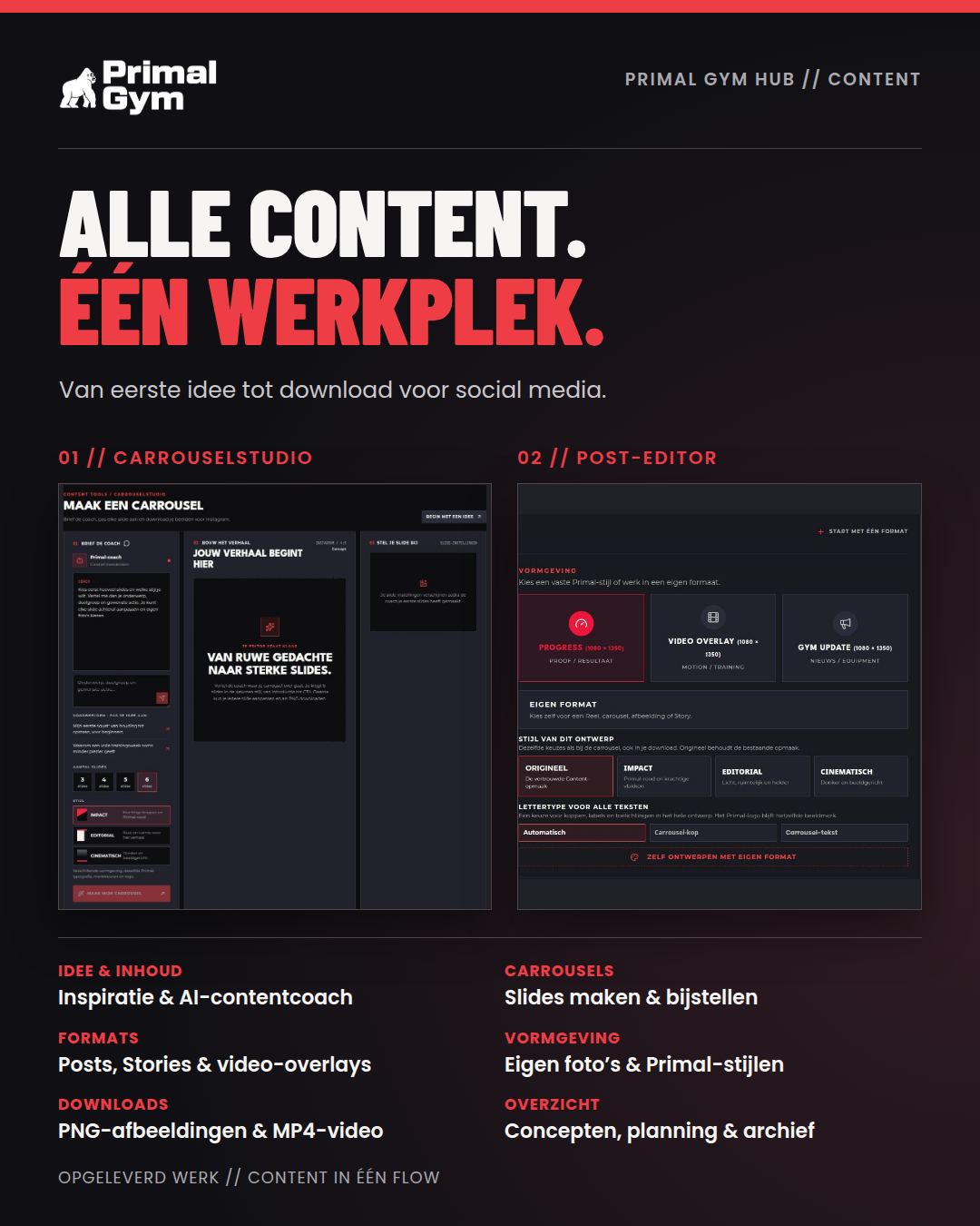 Primal Gym Content Hub met carrouselstudio, post-editor, contentplanning en downloads