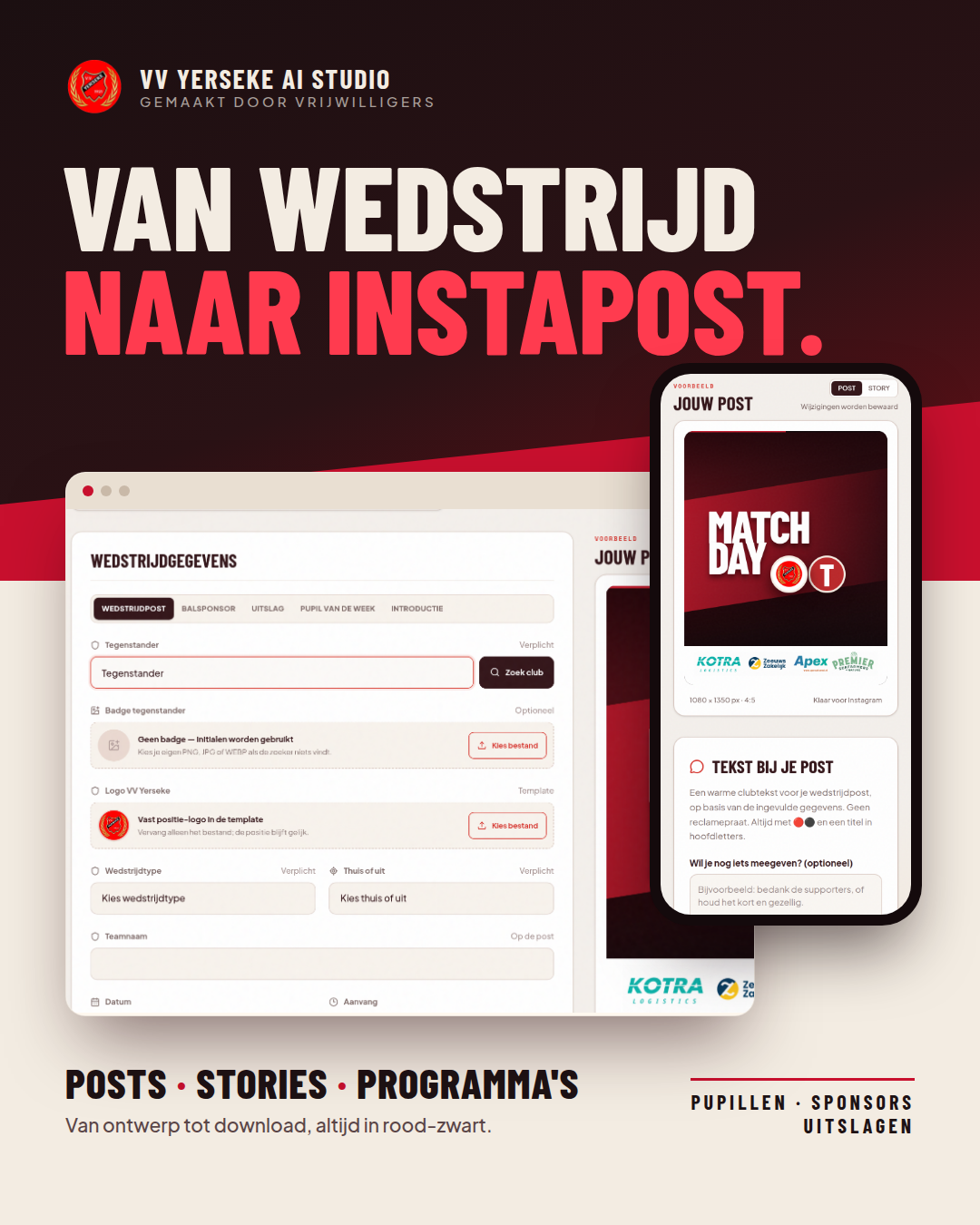 VV Yerseke AI Studio met wedstrijdgegevens en een voorbeeld van een Instagram-post in clubstijl